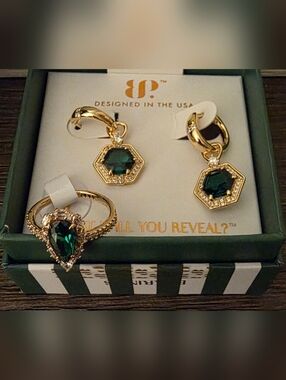 BP MAY 2026 Gold Plated Earrings with Deep Green Hexagon Crystal Drops
